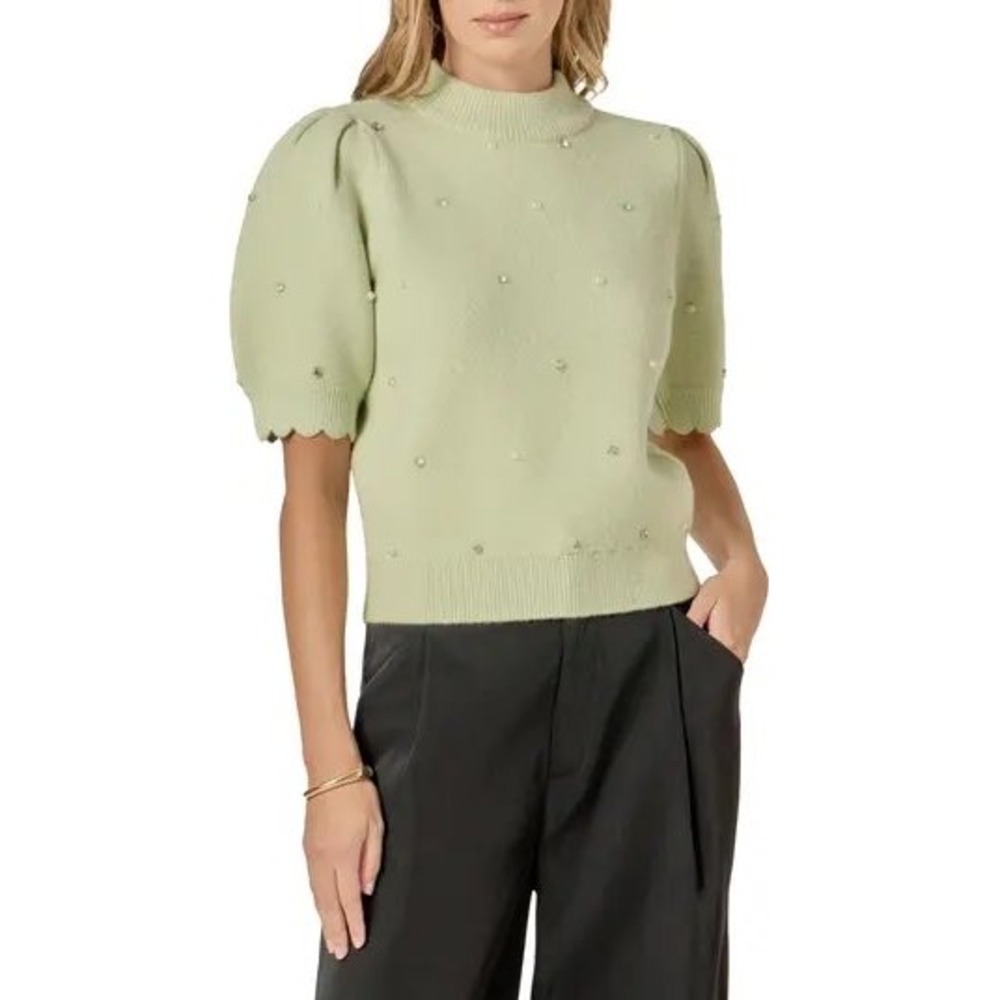 English Factory Sage Green Pearl Rhinestone Puff Sleeve Scallop Knit Sweater M